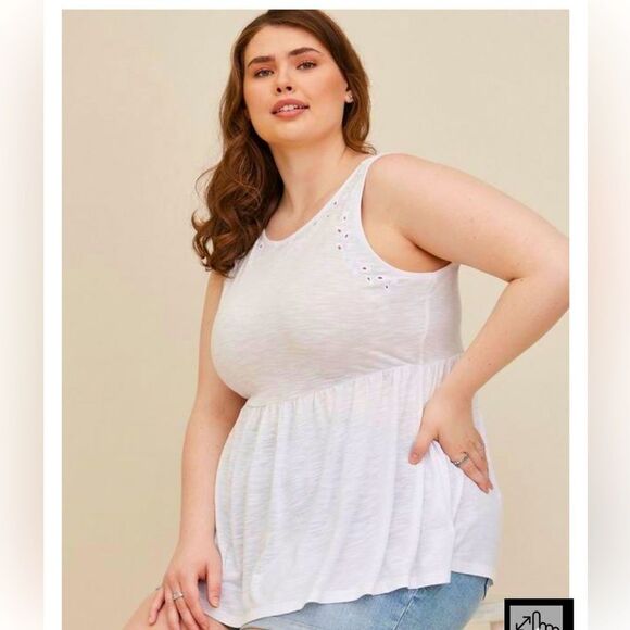 TORRID BABYDOLL FEATHER
SOFT SLUB CREW NECK EMBROIDERED TIE BACK TOP - Picture 1 of 5